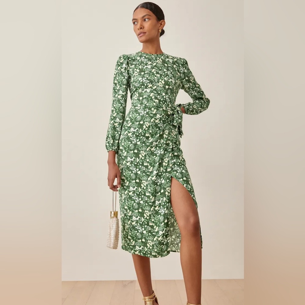 Reformation Reza Dress Green with floral Wrap Dress with Bishop Sleeves